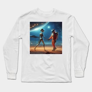 Beyond Boundaries: A Profound Encounter of a Human Shaking Hands with an Extraterrestrial Being Long Sleeve T-Shirt